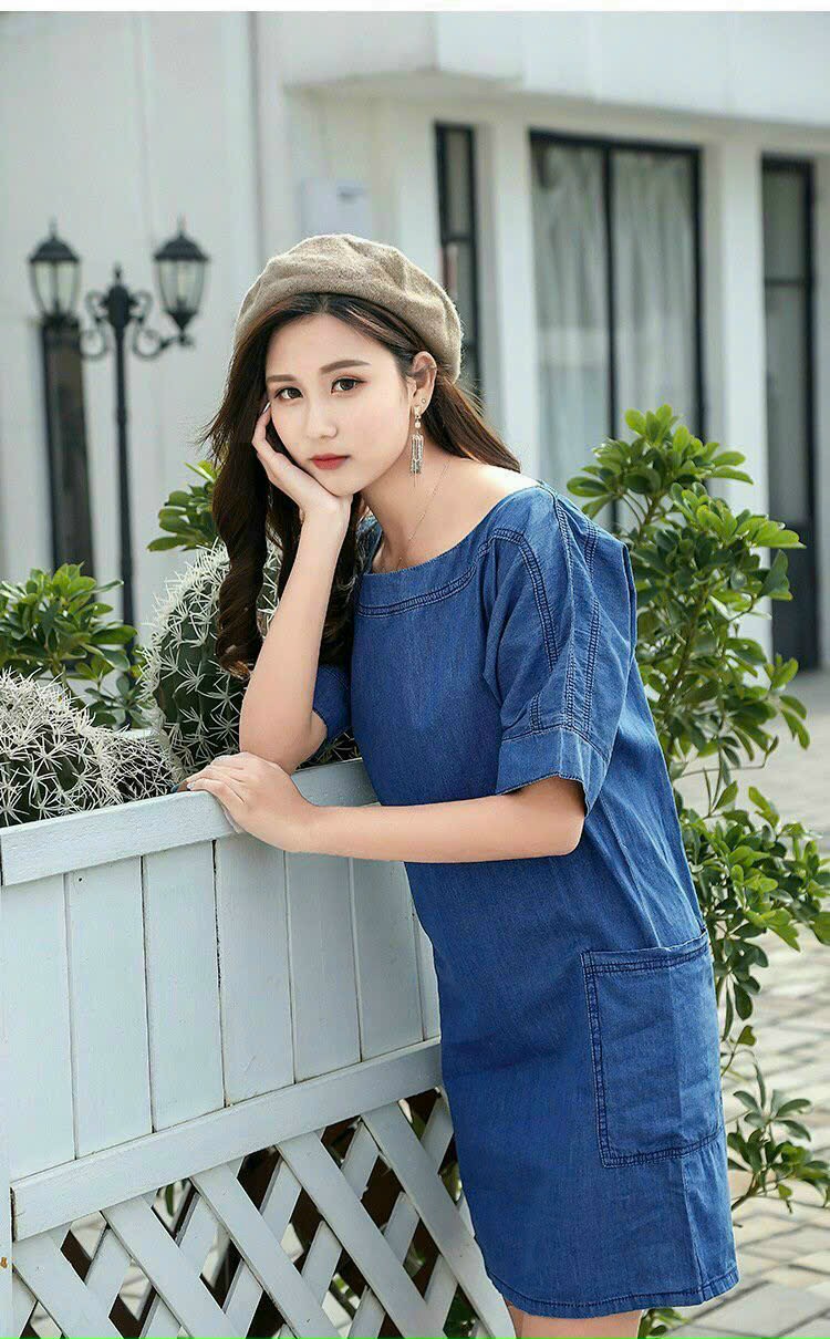 ĐẦM JEAN DENIM DÁNG XÒE CỔ SƠ MI PHỐI CARO